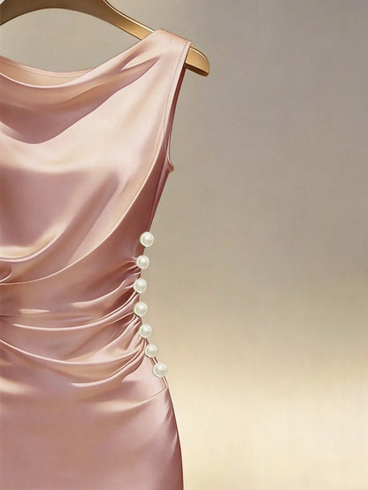 Franclia Champagne Satin Cowl Neck Sleeveless Fitted Dress