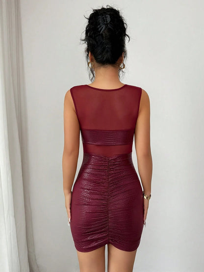 Franclia Elegant Burgundy Sleeveless Dress With Mesh Paneling,Pleated Slim Fit Bodycon,Seksi Chic Night Out,Autumn Club-Style Leopard Print Graduation Attire