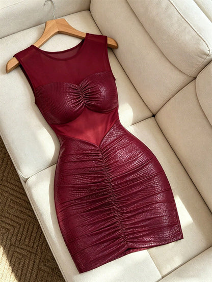 Franclia Elegant Burgundy Sleeveless Dress With Mesh Paneling,Pleated Slim Fit Bodycon,Seksi Chic Night Out,Autumn Club-Style Leopard Print Graduation Attire