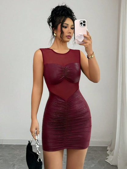 Franclia Elegant Burgundy Sleeveless Dress With Mesh Paneling,Pleated Slim Fit Bodycon,Seksi Chic Night Out,Autumn Club-Style Leopard Print Graduation Attire