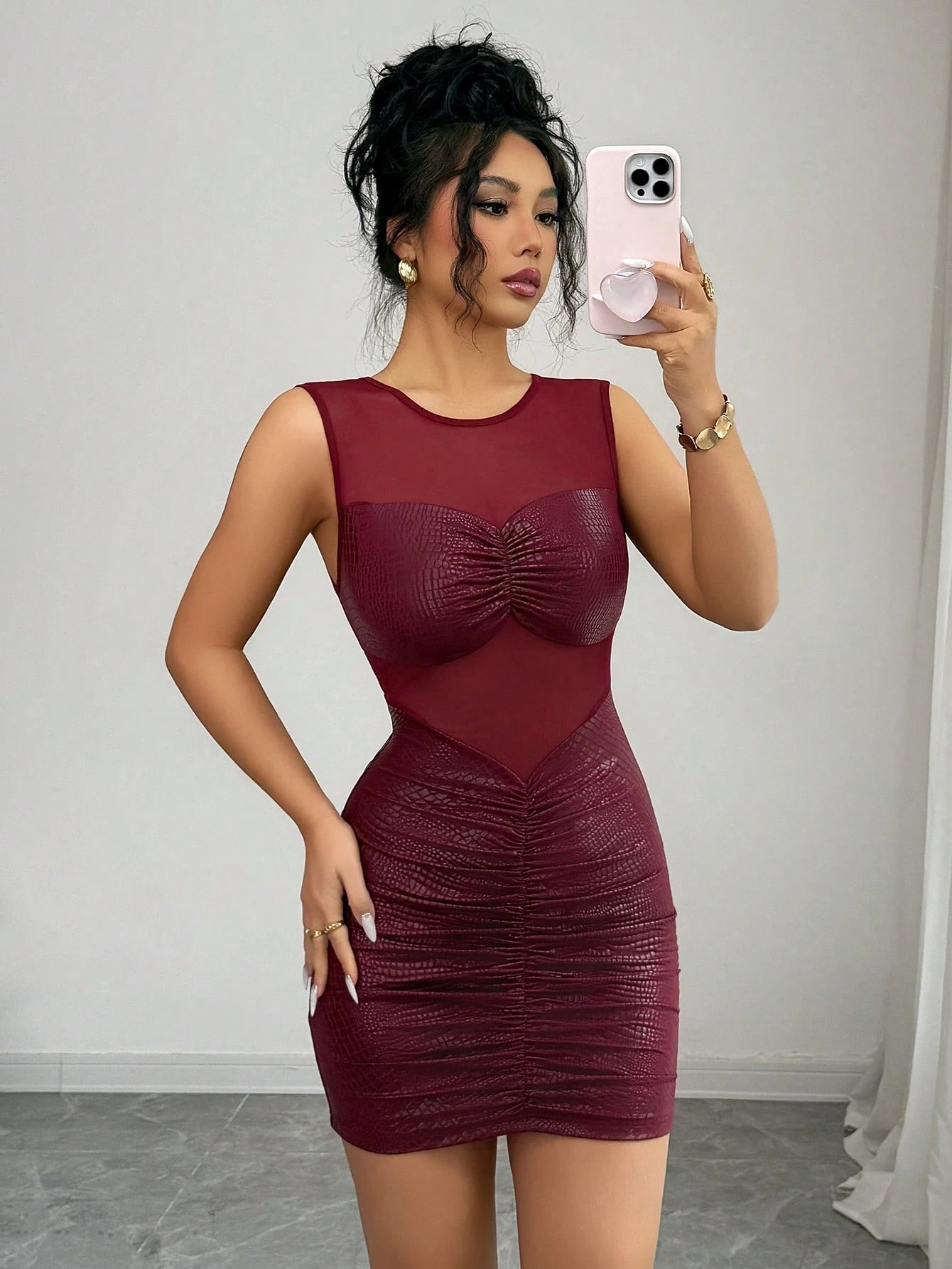 Franclia Elegant Burgundy Sleeveless Dress With Mesh Paneling,Pleated Slim Fit Bodycon,Seksi Chic Night Out,Autumn Club-Style Leopard Print Graduation Attire