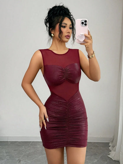 Franclia Elegant Burgundy Sleeveless Dress With Mesh Paneling,Pleated Slim Fit Bodycon,Seksi Chic Night Out,Autumn Club-Style Leopard Print Graduation Attire