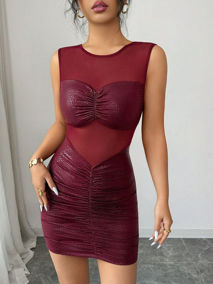 Franclia Elegant Burgundy Sleeveless Dress With Mesh Paneling,Pleated Slim Fit Bodycon,Seksi Chic Night Out,Autumn Club-Style Leopard Print Graduation Attire