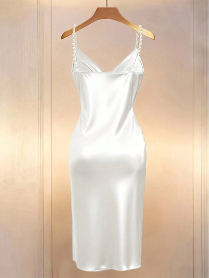 Franclia Elegant French Romantic Champagne Color Cross Collar Waist Cinching Bodycon Dress With Pearl Embellishment And Slit