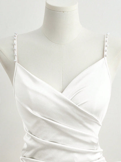 Franclia Elegant French Romantic Champagne Color Cross Collar Waist Cinching Bodycon Dress With Pearl Embellishment And Slit