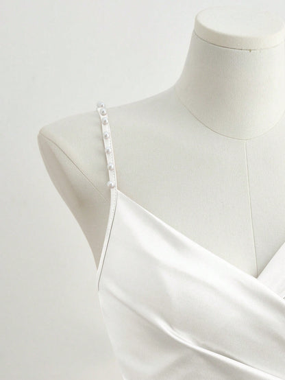Franclia Elegant French Romantic Champagne Color Cross Collar Waist Cinching Bodycon Dress With Pearl Embellishment And Slit