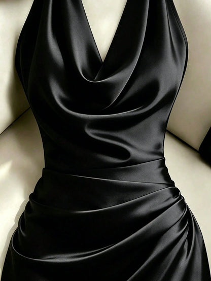 Franclia Elegant New Fashion Brown Draped Neck Dress, With Draped Neckline, Waist Pleats For Slim Fit, Sexy, Graceful, Stylish, Brown Bodycon Mini Dress