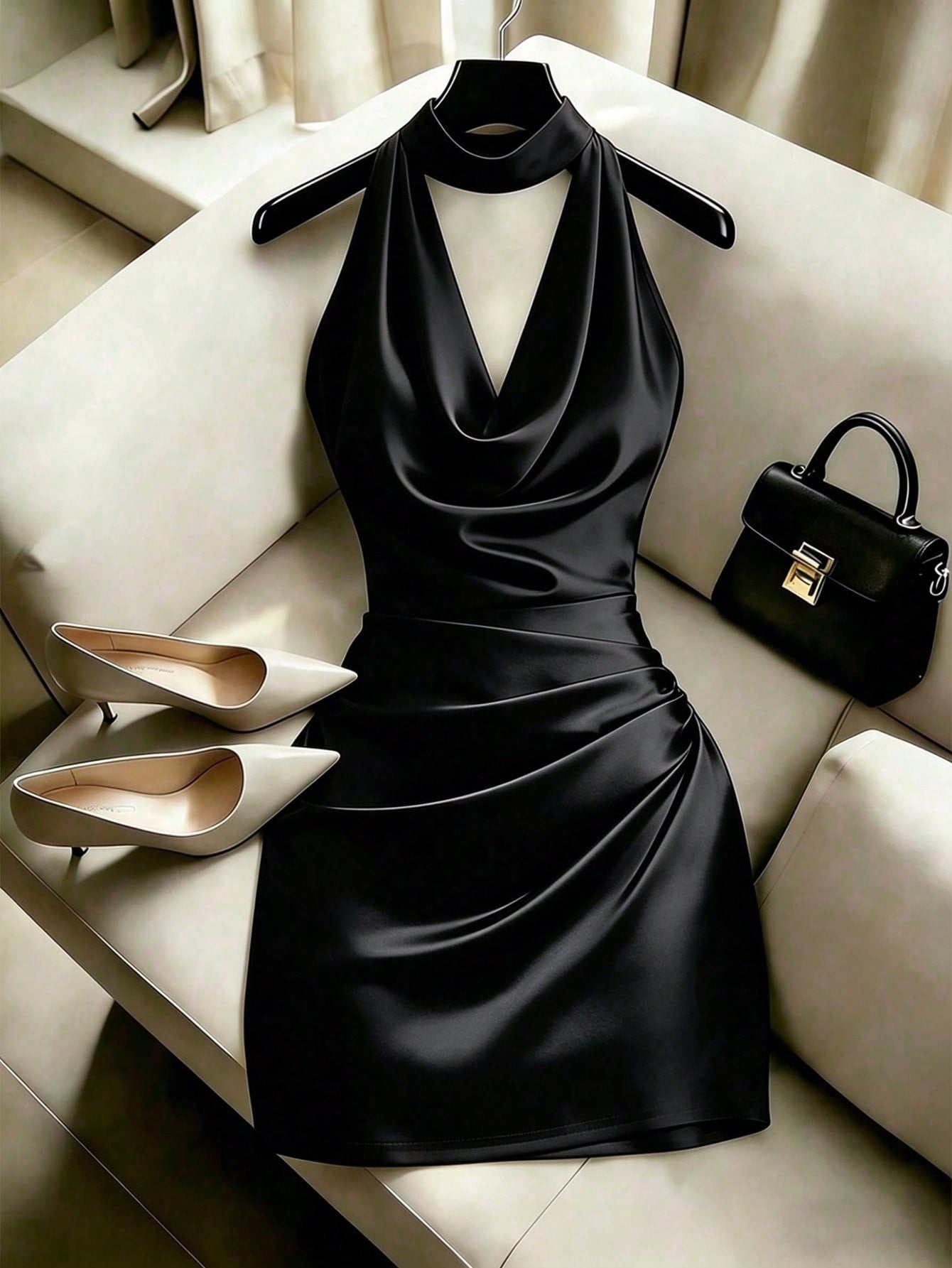 Franclia Elegant New Fashion Brown Draped Neck Dress, With Draped Neckline, Waist Pleats For Slim Fit, Sexy, Graceful, Stylish, Brown Bodycon Mini Dress