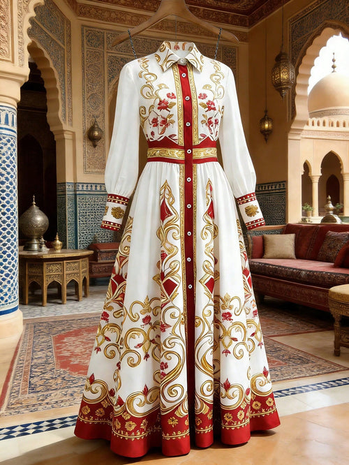 Franclia Elegant White Vintage Floral Print Maxi Dress,Collar Ruffle Hem Retro Palace Style Vacation Dress,Autumn Al-Adha Long Dresses For Women