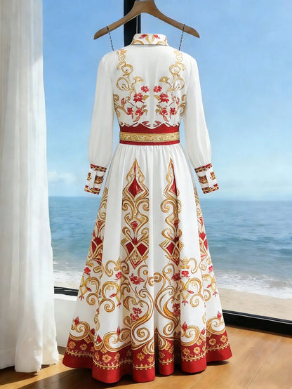 Franclia Elegant White Vintage Floral Print Maxi Dress,Collar Ruffle Hem Retro Palace Style Vacation Dress,Autumn Al-Adha Long Dresses For Women