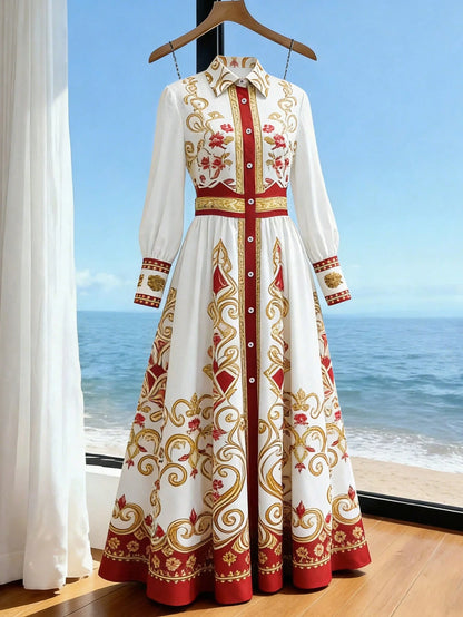 Franclia Elegant White Vintage Floral Print Maxi Dress,Collar Ruffle Hem Retro Palace Style Vacation Dress,Autumn Al-Adha Long Dresses For Women