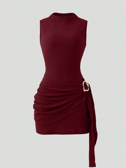 Franclia Fashionable New Spring/Summer Date Night Sexy Elegant Bodycon High Neck Metallic Buckle Ruched Sleeveless Dress For Women