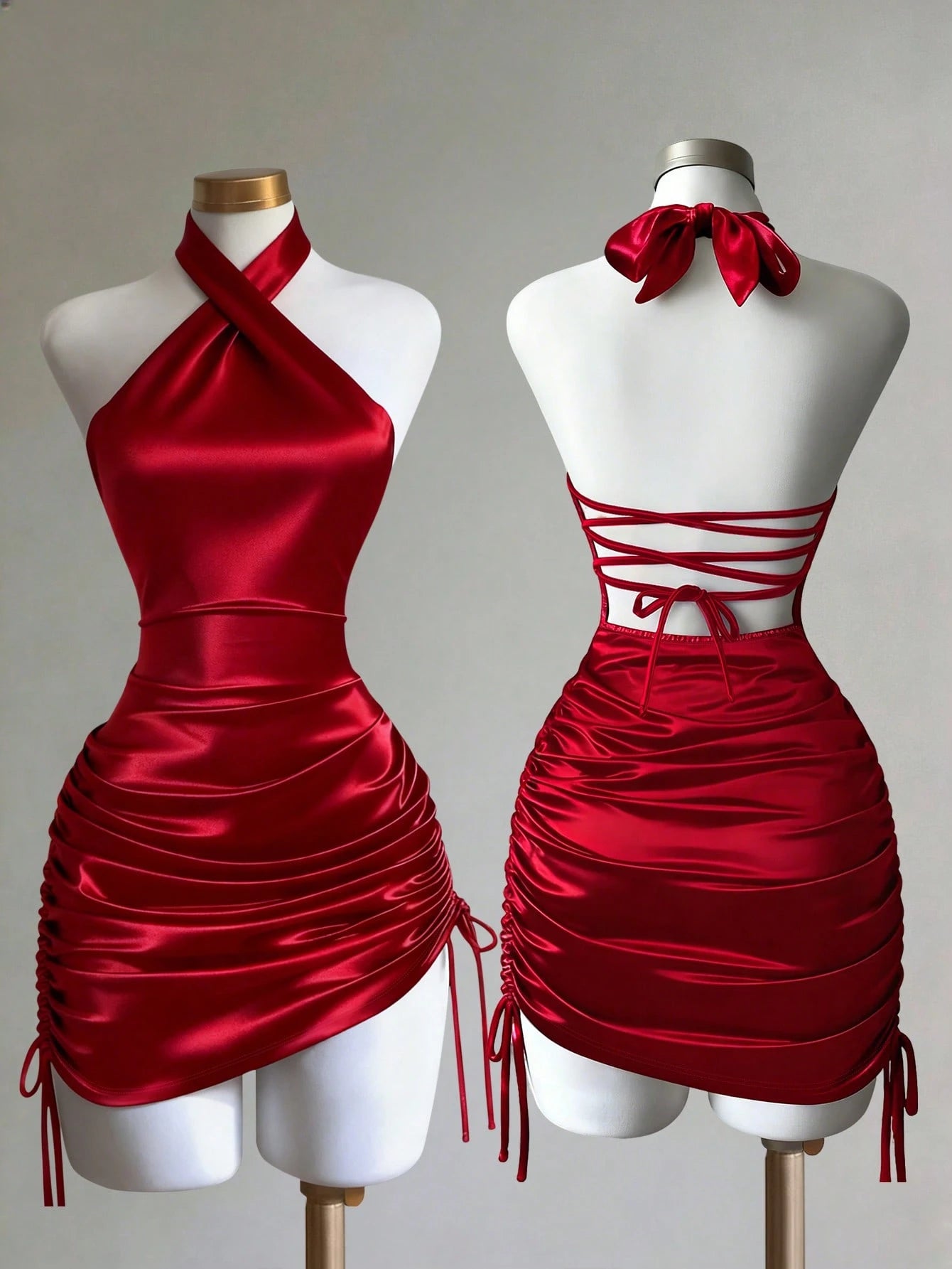 Franclia Fitted Sexy Halter Neck Criss-Cross Backless Ruched Drawstring Dress For Women