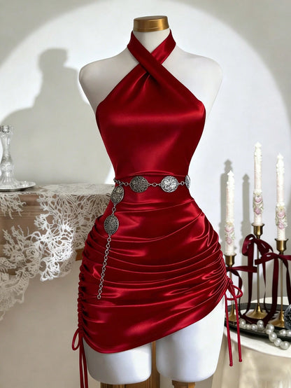 Franclia Fitted Sexy Halter Neck Criss-Cross Backless Ruched Drawstring Dress For Women