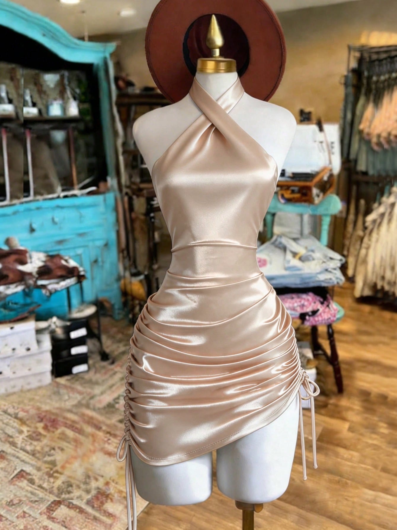 Franclia Fitted Sexy Halter Neck Criss-Cross Backless Ruched Drawstring Dress For Women