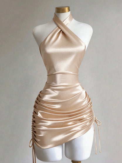 Franclia Fitted Sexy Halter Neck Criss-Cross Backless Ruched Drawstring Dress For Women