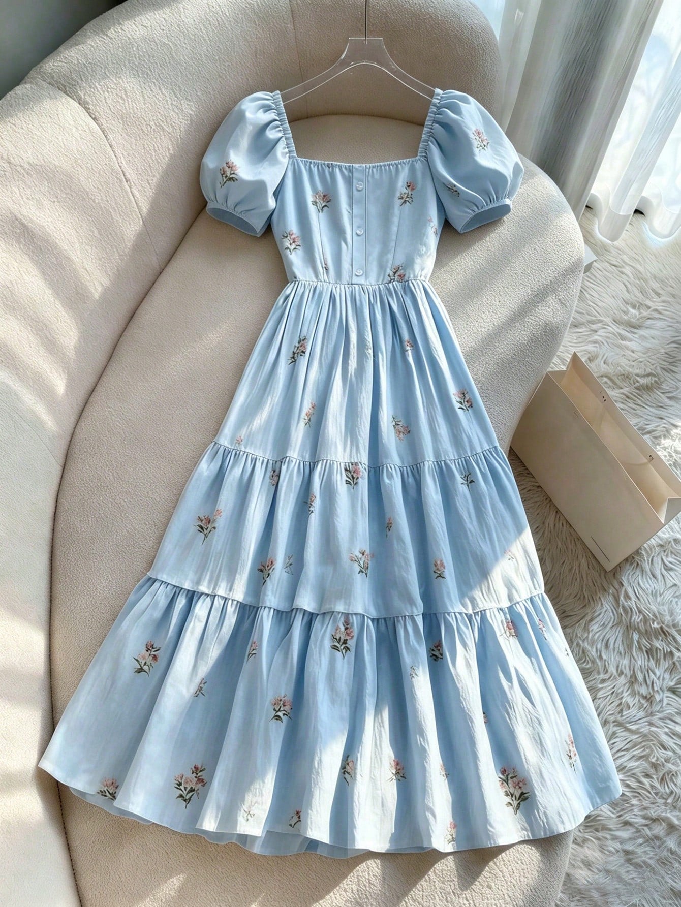 Franclia French Ditsy Floral Square Collar Petal Sleeve Single-Breasted Waist Ruffle Dress,Women's Milkmaid Cottagecore Off-White Summer Casual Holiday Party