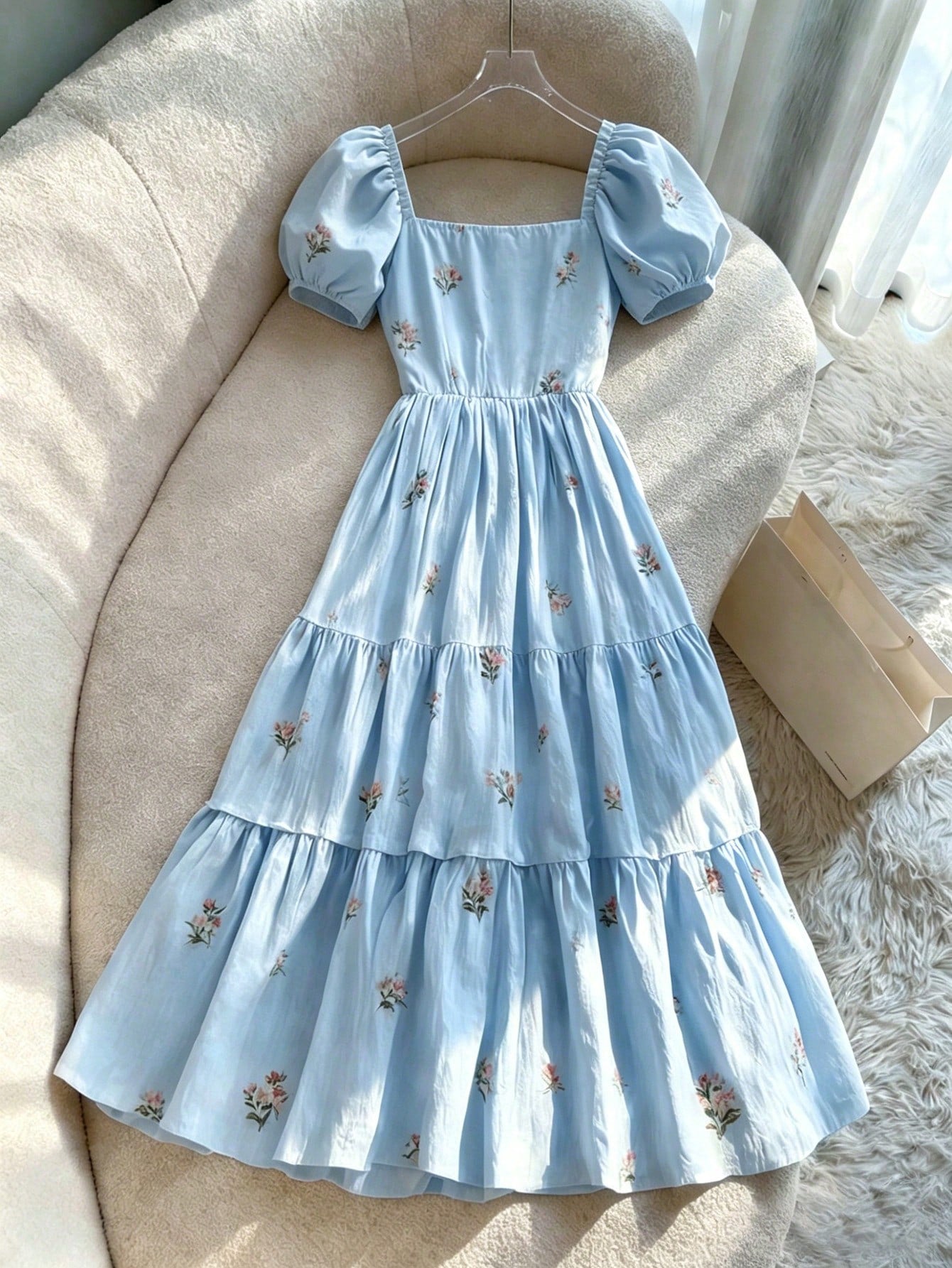 Franclia French Ditsy Floral Square Collar Petal Sleeve Single-Breasted Waist Ruffle Dress,Women's Milkmaid Cottagecore Off-White Summer Casual Holiday Party