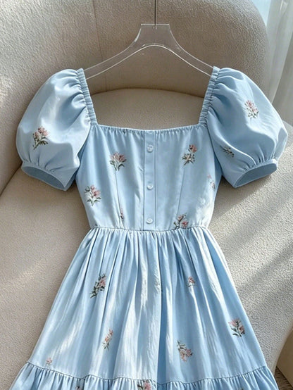 Franclia French Ditsy Floral Square Collar Petal Sleeve Single-Breasted Waist Ruffle Dress,Women's Milkmaid Cottagecore Off-White Summer Casual Holiday Party