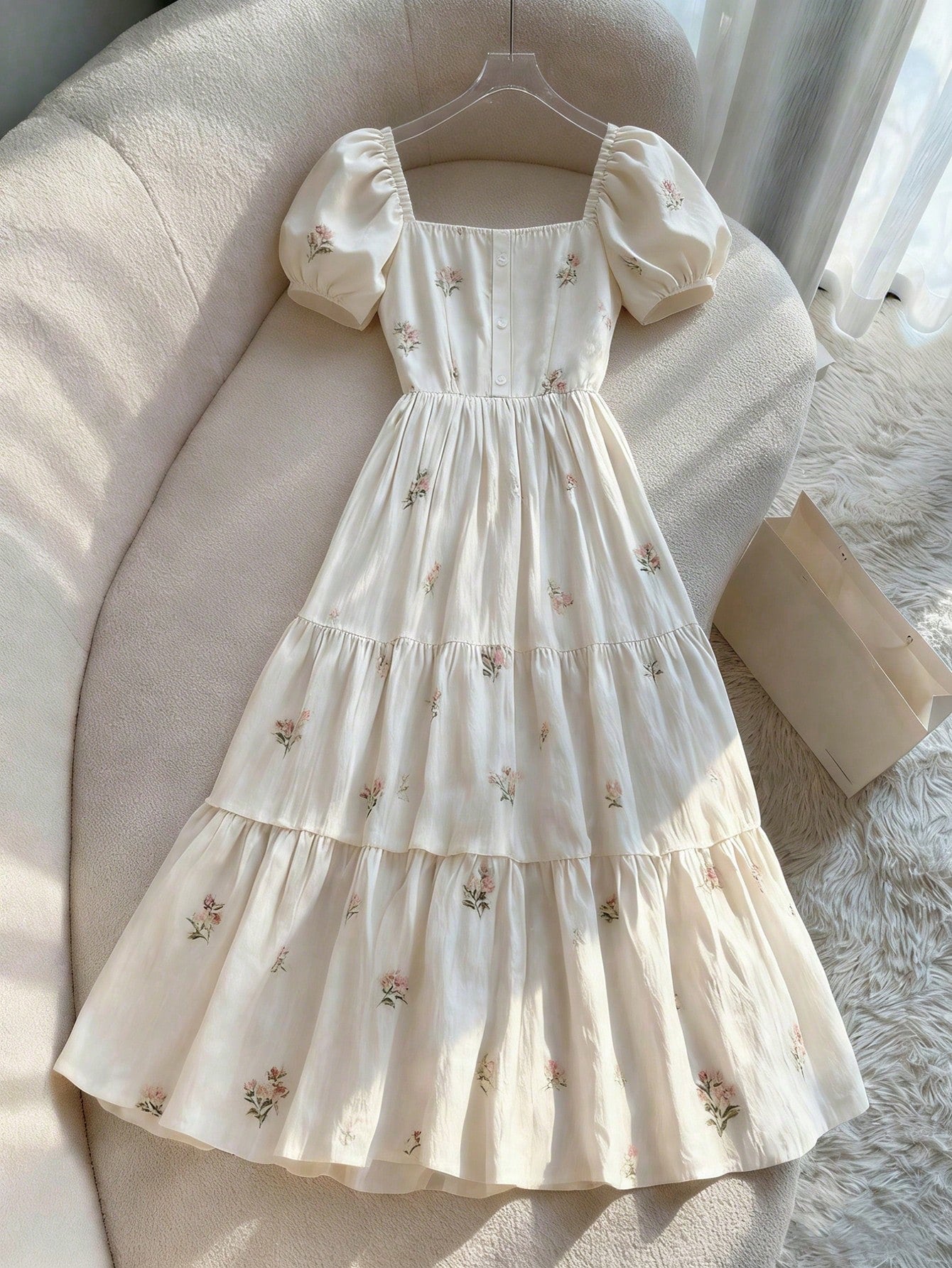 Franclia French Ditsy Floral Square Collar Petal Sleeve Single-Breasted Waist Ruffle Dress,Women's Milkmaid Cottagecore Off-White Summer Casual Holiday Party