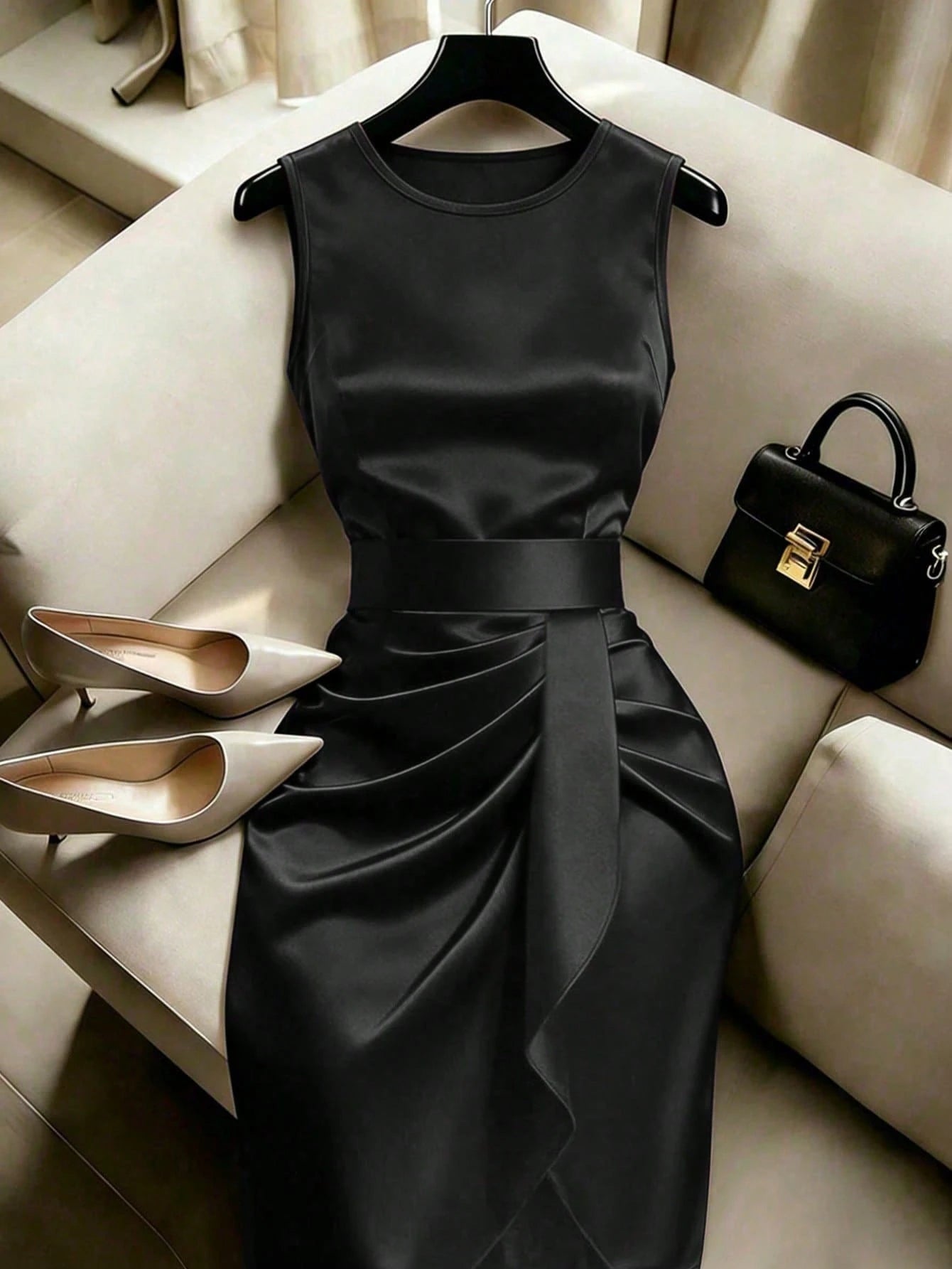 Franclia High-End Luxury Niche Fashion New French Retro Sleeveless Ruched Shiny Slit Asymmetric Cinched Waist Women Dress