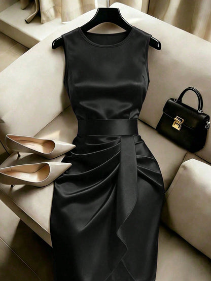 Franclia High-End Luxury Niche Fashion New French Retro Sleeveless Ruched Shiny Slit Asymmetric Cinched Waist Women Dress