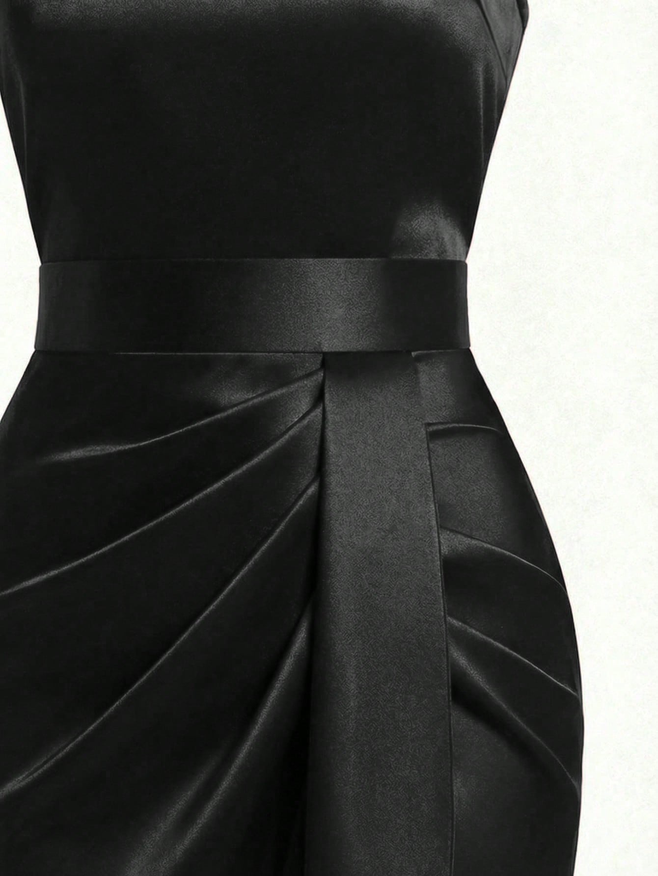 Franclia High-End Luxury Niche Fashion New French Retro Sleeveless Ruched Shiny Slit Asymmetric Cinched Waist Women Dress