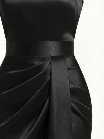Franclia High-End Luxury Niche Fashion New French Retro Sleeveless Ruched Shiny Slit Asymmetric Cinched Waist Women Dress
