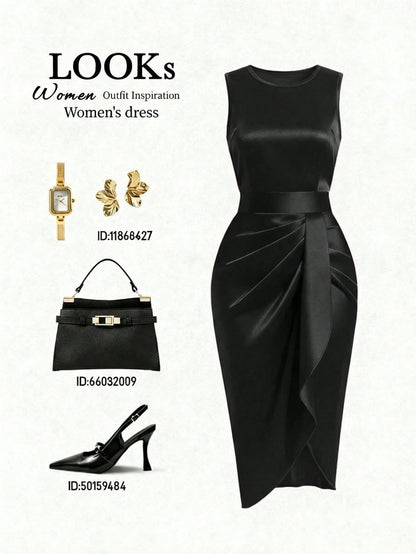 Franclia High-End Luxury Niche Fashion New French Retro Sleeveless Ruched Shiny Slit Asymmetric Cinched Waist Women Dress