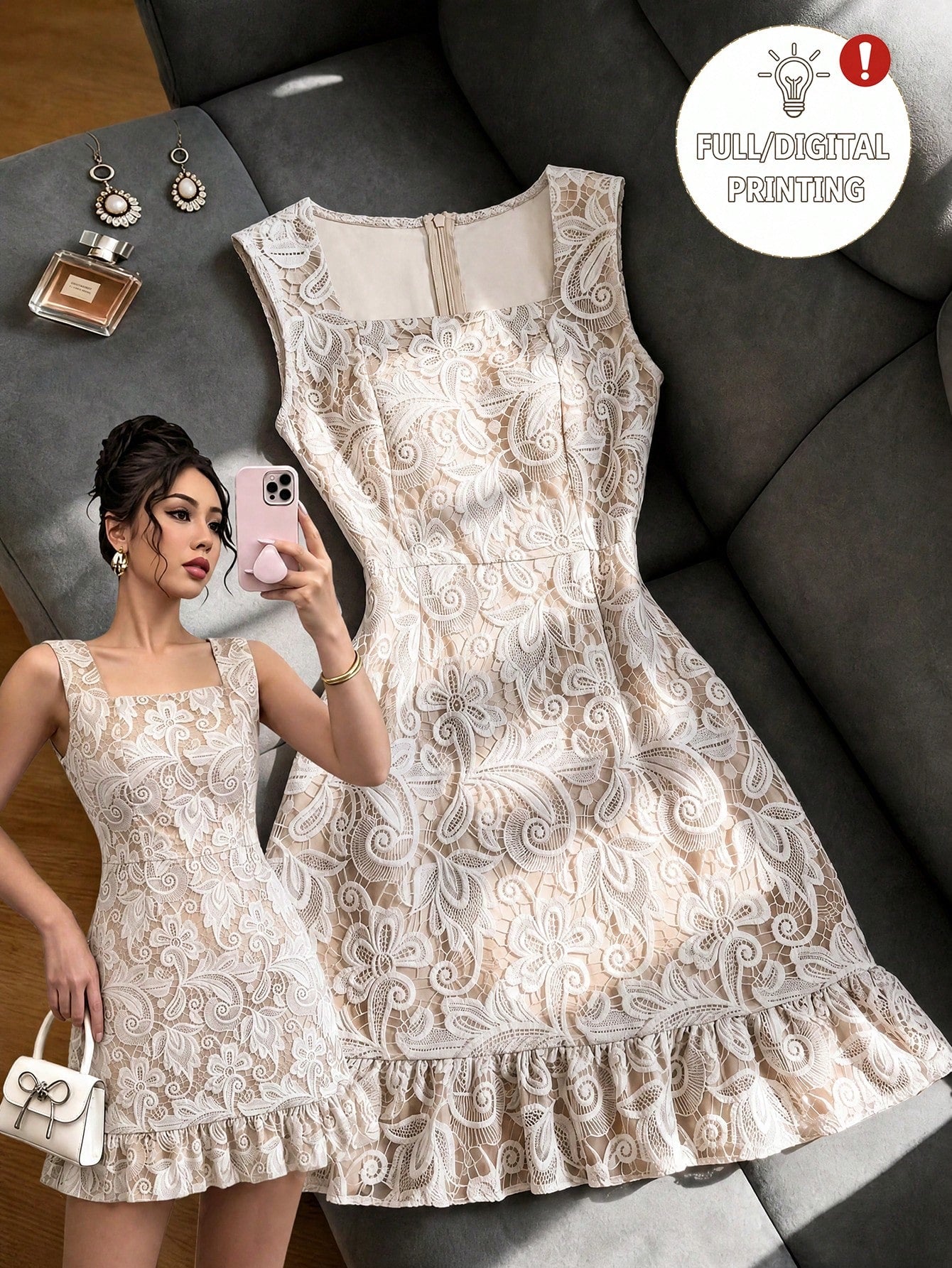 Franclia Lace 3D Printed Square Neck Elegant Dress, Comfortable Slimming Fit For Daily Commute And Office Wear, 2026 Summer New Women's Sleeveless Party And Gathering Dress, White Lace Sleeveles