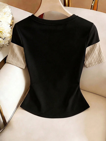 Franclia Plus Size Women's Black Patchwork Fitted Top