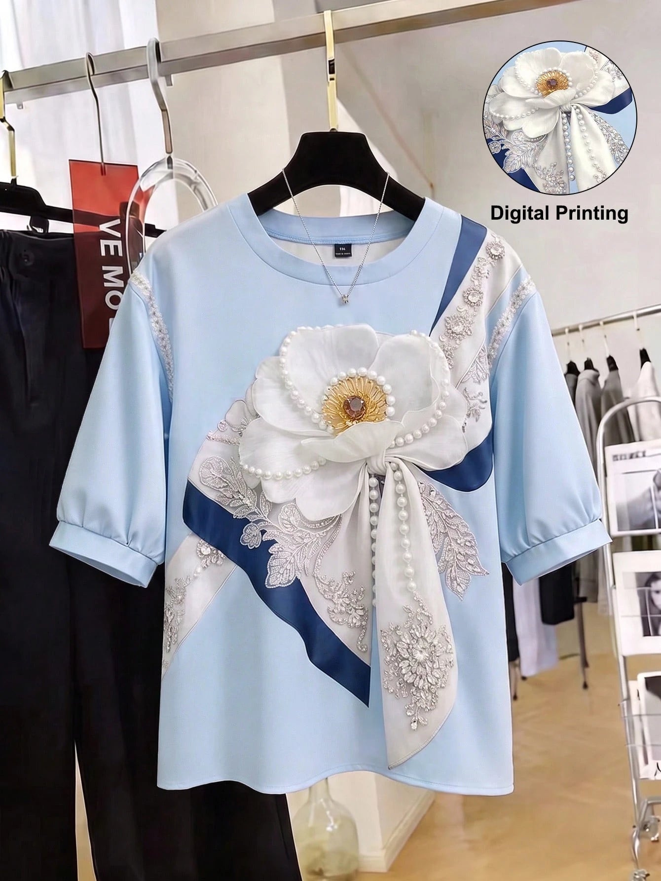 Franclia Plus Size Women's New 3/4 Sleeve Blouse, Digital Print Effect Shirt, Casual Wear, Floral Elegant Versatile Blouse
