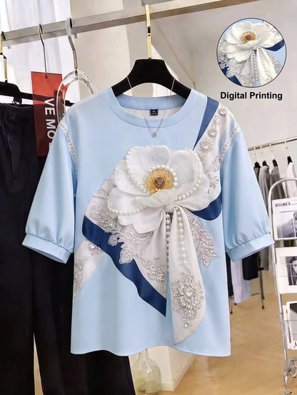 Franclia Plus Size Women's New 3/4 Sleeve Blouse, Digital Print Effect Shirt, Casual Wear, Floral Elegant Versatile Blouse