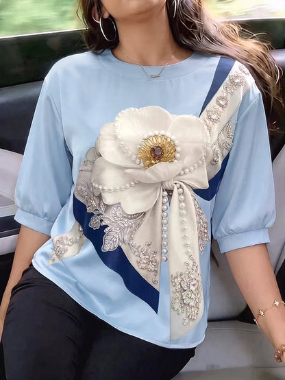 Franclia Plus Size Women's New 3/4 Sleeve Blouse, Digital Print Effect Shirt, Casual Wear, Floral Elegant Versatile Blouse