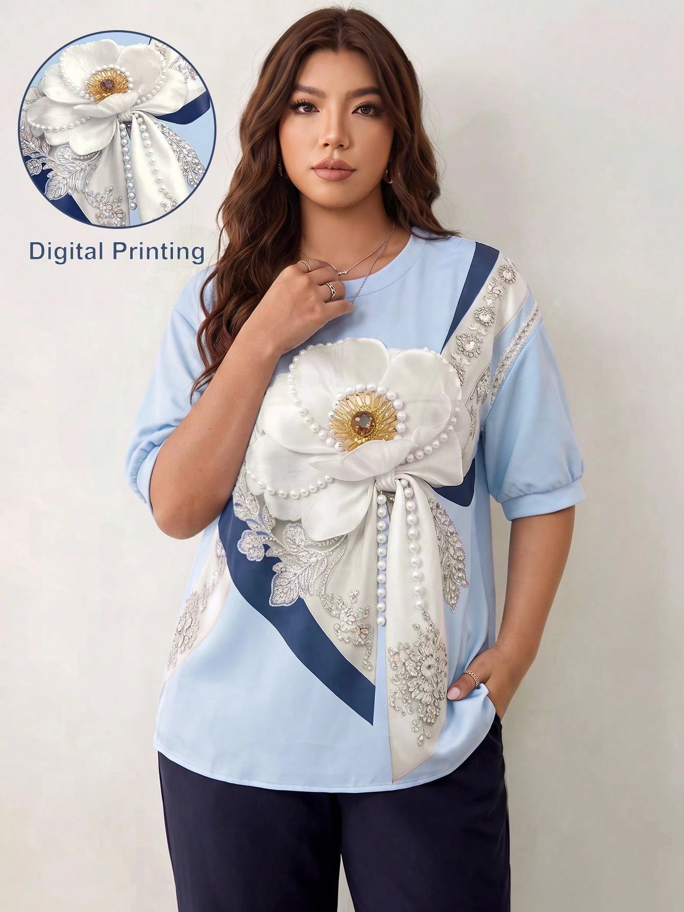 Franclia Plus Size Women's New 3/4 Sleeve Blouse, Digital Print Effect Shirt, Casual Wear, Floral Elegant Versatile Blouse