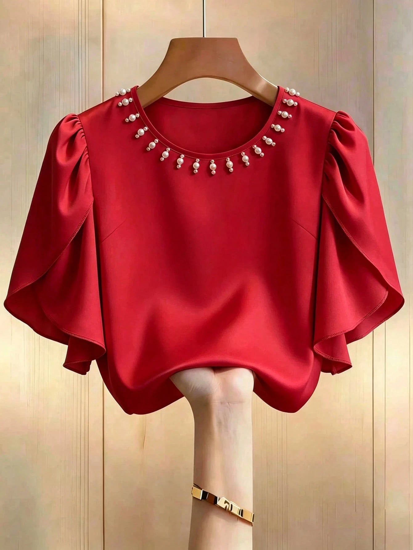 Franclia Plus Size Women's New Elegant Exquisite Beaded Round Neck Short Sleeve Red Blouse With Floral Ruffle Design, Perfect For Summer Wear, Party Wedding