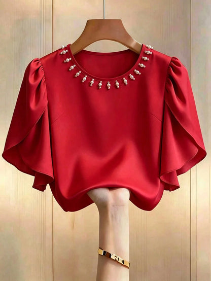 Franclia Plus Size Women's New Elegant Exquisite Beaded Round Neck Short Sleeve Red Blouse With Floral Ruffle Design, Perfect For Summer Wear, Party Wedding