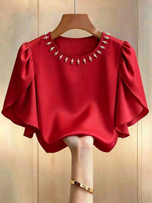 Franclia Plus Size Women's New Elegant Exquisite Beaded Round Neck Short Sleeve Red Blouse With Floral Ruffle Design, Perfect For Summer Wear, Party Wedding