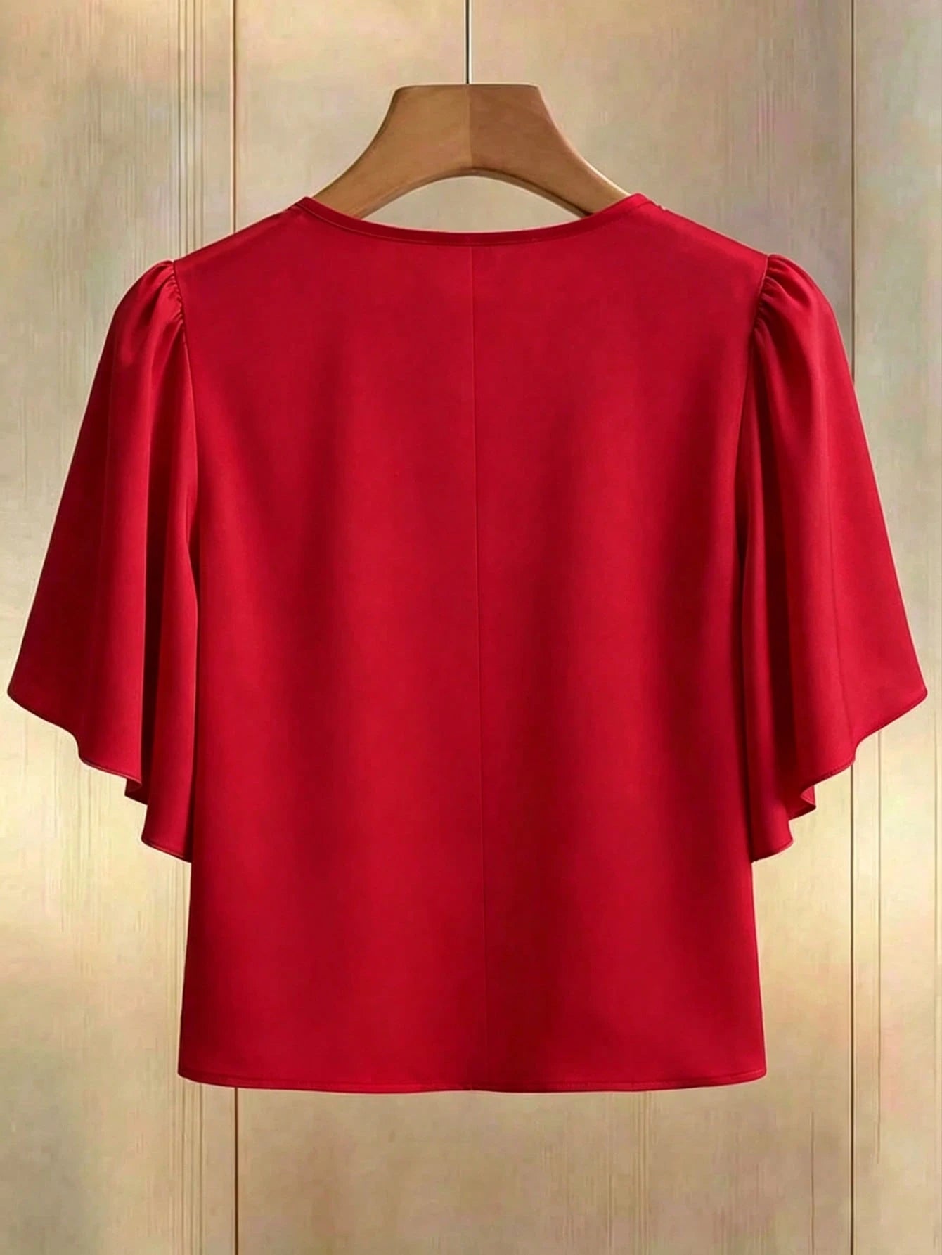 Franclia Plus Size Women's New Elegant Exquisite Beaded Round Neck Short Sleeve Red Blouse With Floral Ruffle Design, Perfect For Summer Wear, Party Wedding