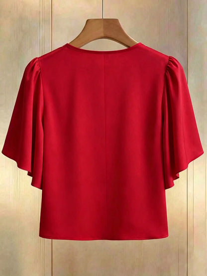 Franclia Plus Size Women's New Elegant Exquisite Beaded Round Neck Short Sleeve Red Blouse With Floral Ruffle Design, Perfect For Summer Wear, Party Wedding