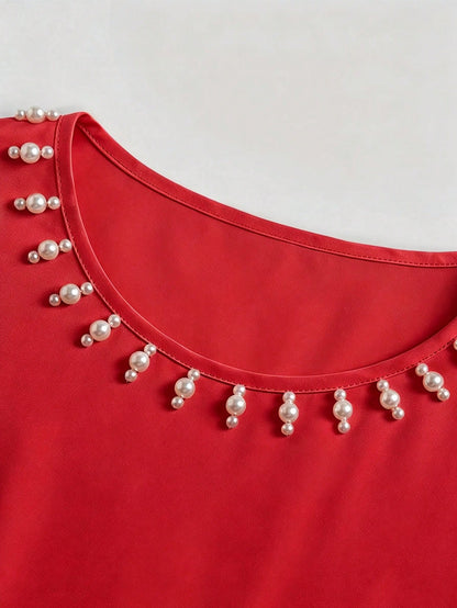 Franclia Plus Size Women's New Elegant Exquisite Beaded Round Neck Short Sleeve Red Blouse With Floral Ruffle Design, Perfect For Summer Wear, Party Wedding
