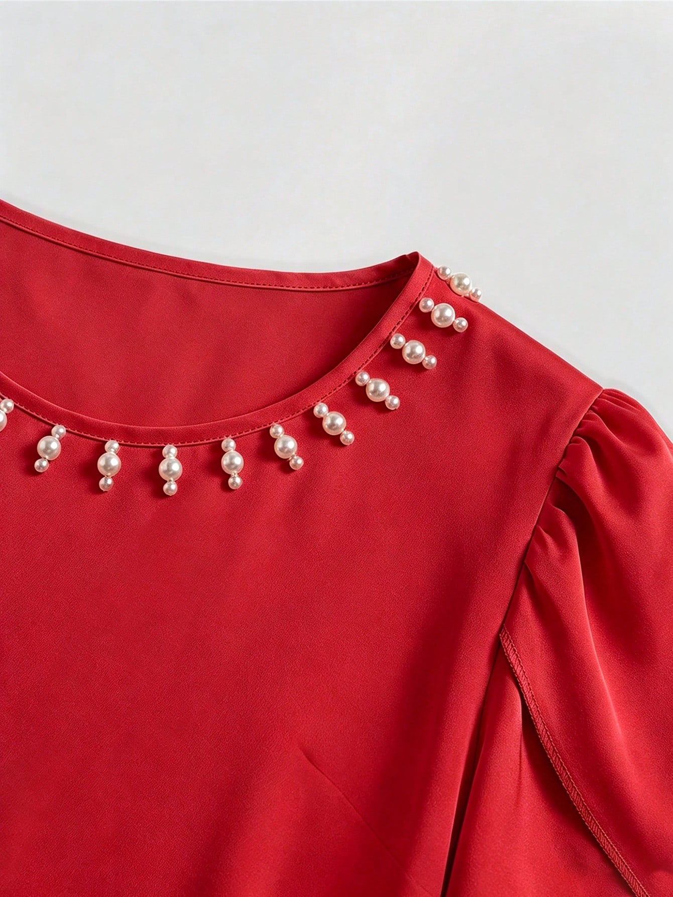 Franclia Plus Size Women's New Elegant Exquisite Beaded Round Neck Short Sleeve Red Blouse With Floral Ruffle Design, Perfect For Summer Wear, Party Wedding
