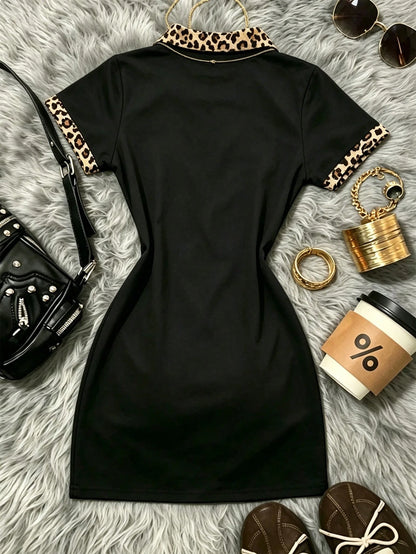 Franclia Recommended Hot-Selling Style, American Hot Girl Style Leopard Print Contrasting Color Polo Collar Women's Slim Dress, Suitable For Daily Commuting, Going Out To School, Going To School And D