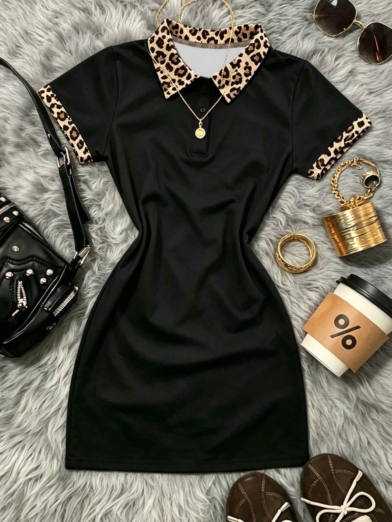 Franclia Recommended Hot-Selling Style, American Hot Girl Style Leopard Print Contrasting Color Polo Collar Women's Slim Dress, Suitable For Daily Commuting, Going Out To School, Going To School And D