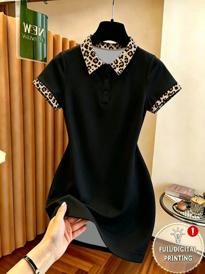 Franclia Recommended Hot-Selling Style, American Hot Girl Style Leopard Print Contrasting Color Polo Collar Women's Slim Dress, Suitable For Daily Commuting, Going Out To School, Going To School And D