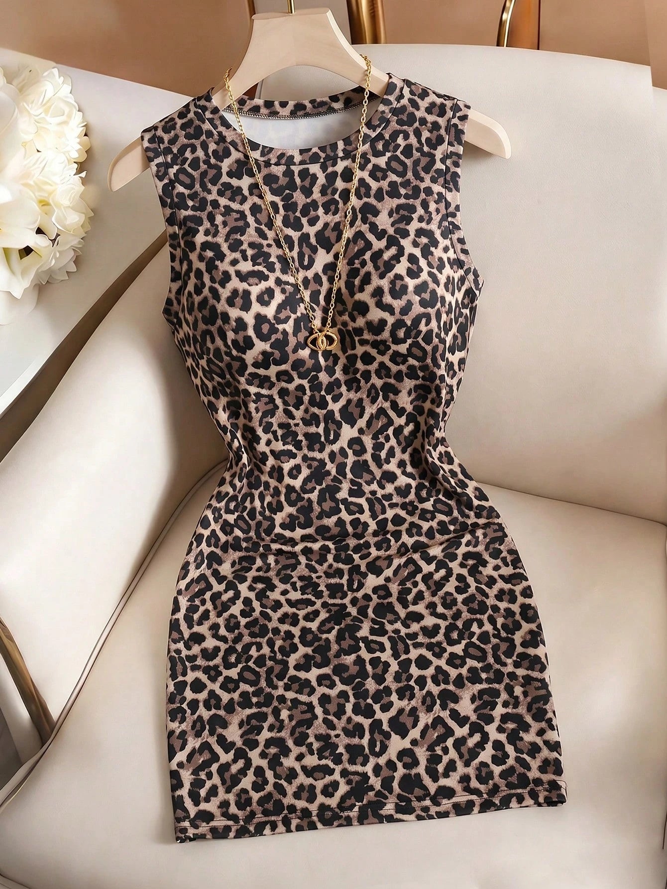 Franclia Summer Leopard Print Sleeveless Bodycon Dress- American Y2K Sexy Slim Fit Crew Neck Mini Dress Club Night Beige