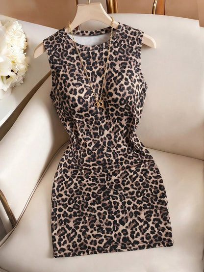 Franclia Summer Leopard Print Sleeveless Bodycon Dress- American Y2K Sexy Slim Fit Crew Neck Mini Dress Club Night Beige