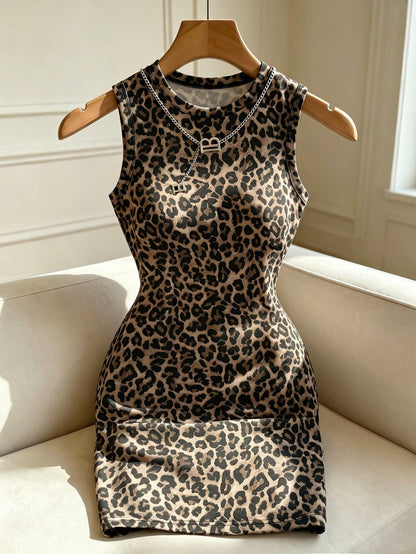 Franclia Summer Leopard Print Sleeveless Bodycon Dress- American Y2K Sexy Slim Fit Crew Neck Mini Dress Club Night Beige