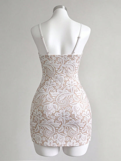 Franclia White Lace 3D Floral Print Spaghetti Strap Dress, Elegant Sexy Sleeveless Mini Bodycon Dress For Women, 2026 Summer New Style, Party Beach Dinner Casual Dress