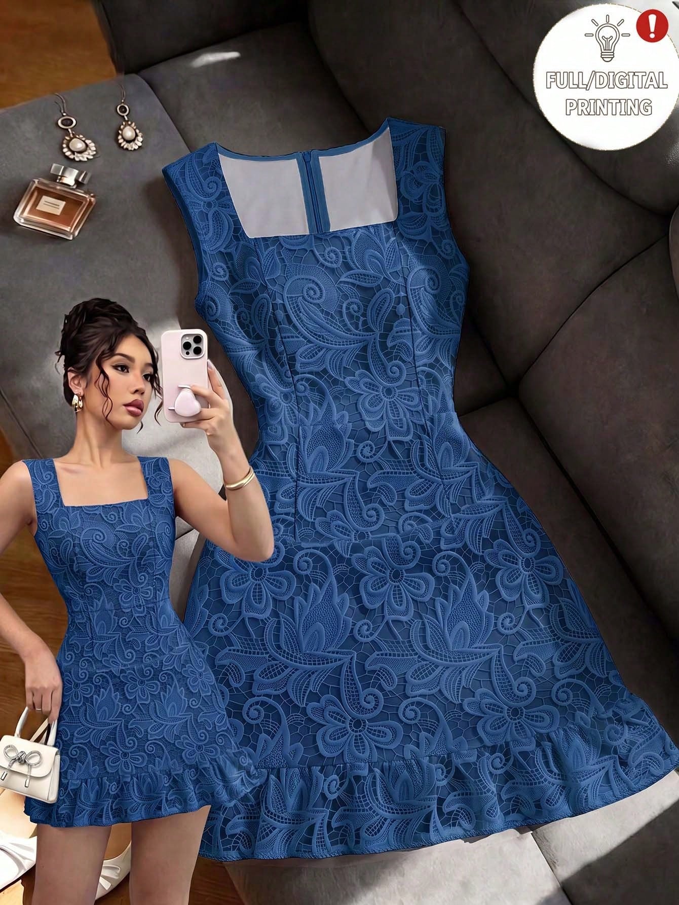 Franclia White Lace 3D Printed Square Neck Elegant Dress, Comfortable Slimming Fit For Daily Commute And Work, 2026 Summer New Women's Sleeveless Cocktail Party Dinner Dress, White Lace Sleevele